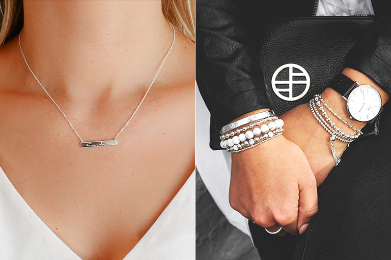 Francesca necklace, bracelets, watch and clutch bag.